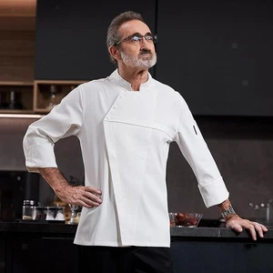 Men Chef Jacket Asymmetrical Oblique Buttons Stand Collar Comfortable with Coat - Picture 1 of 42