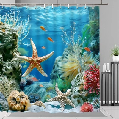 Tropical Coral Beach Shower Curtain Marine Shell Ocean Theme with Hooks Bathroom - Image 1 of 4