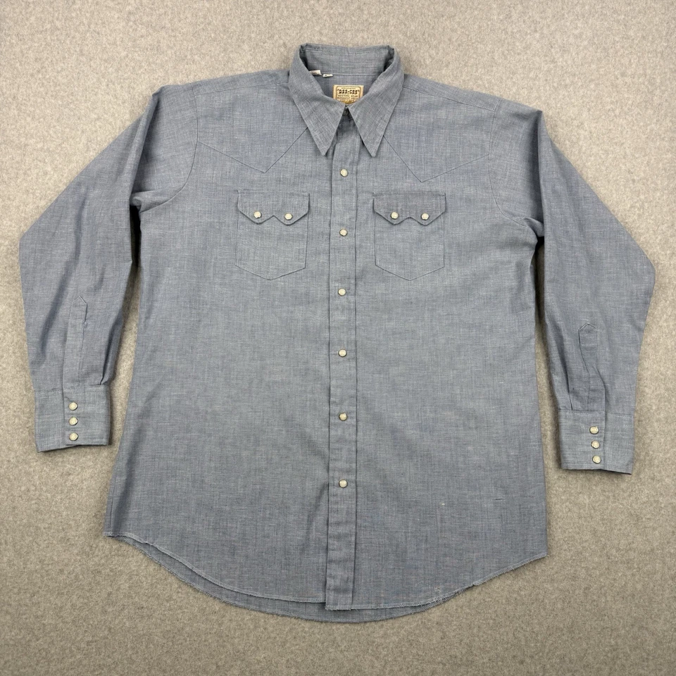 Vintage Dee Cee Shirt Mens 17 35 Chambray 70s Sawtooth Pearl Snap Western USA - Image 1 of 4