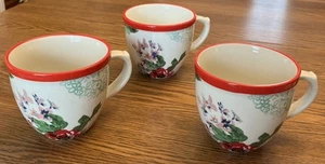 Set Of 3 Pioneer Woman Coffee Mugs Country Garden Red Rim 17oz Stoneware NICE! - Picture 1 of 5