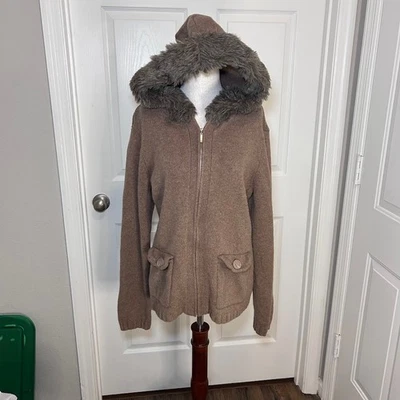 Crazy Horse Brown Zip 100% Lamb's wool Cardigan Size XL Faux Fur Hood Pocket - Image 1 of 4