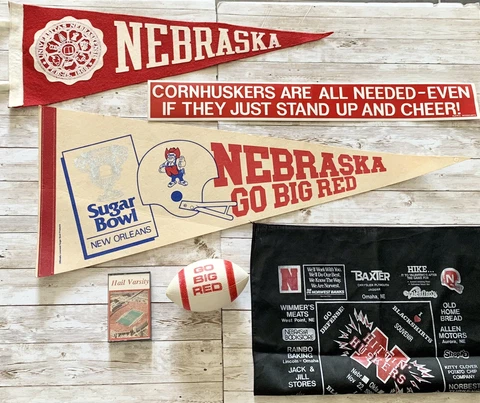 Vintage Nebraska Cornhuskers Fan Memorabilia Lot of 6-Sugar Bowl & Felt Pennant+ Cover