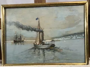 Gouache napolitaine signée Ecole Italienne Marine Bateau à Vapeur Baie de Naples - Bild 1 von 13
