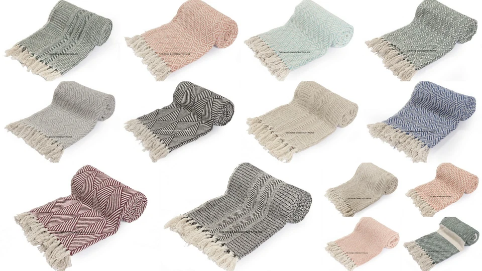 LUXURY 100% COTTON WOVEN HERRINGBONE SOFA CHAIR BED THROW FRINGED COVER BLANKET - Image 1 of 1