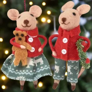 Primitive Weihnachten Filz Mäuse mit Kranz/Lebkuchen 2 Stück Ornament Set - Bild 1 von 4