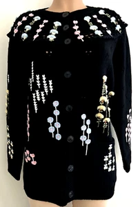 VALENTINO Embroidered Floral Black Crochet Long Sleeves Cardigan Sweater Size L - Picture 1 of 17