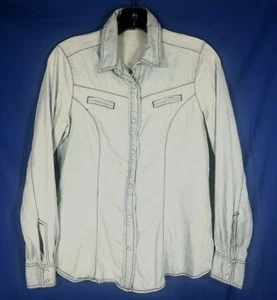 LOVESTITCH Women's Cotton RETRO WESTERN ACID WASHED DENIM Pearl Snap-Up Shirt S - Picture 1 of 4
