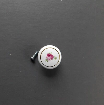 P2 Vintage Round Ceramic Porcelain Rose Flower Drawer Knob White 1 1/2" - Image 1 of 2