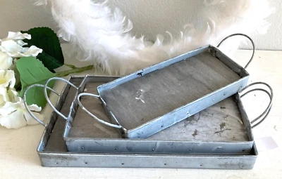 3 er Set Shabby Dekotablett  Tablett m. Griff, Holz / Zink Grau,  Used Look, # 3 - Bild 1 von 2