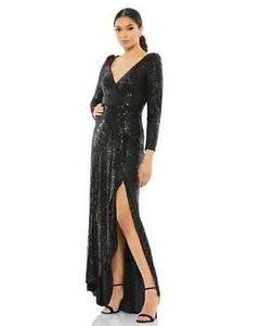 Mac Duggal Black Long Sleeve Sequin Wrap Side Ruffle Slit Gown 8 $398 - Picture 1 of 3