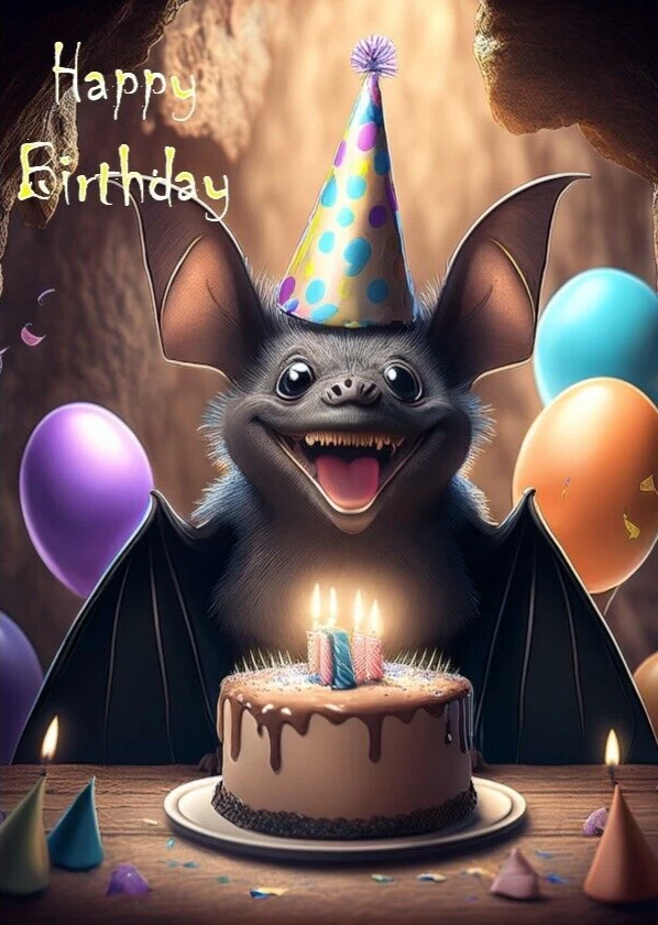 HANDMADE BAT BIRTHDAY CARD WITH A BAT WEARING A PARTY HAT WITH A BIRTHDAY CAKE & CANDLES