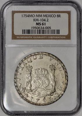 1754 dólar pilar de prata mexicano 8 reais KM-104.2 NGC MS61 - Imagem 1 de 3