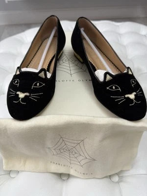 Charlotte Olympia Kitty Cat Flat Loafers Velvet Size EU 35 US 5 black gold  - Image 1 of 4