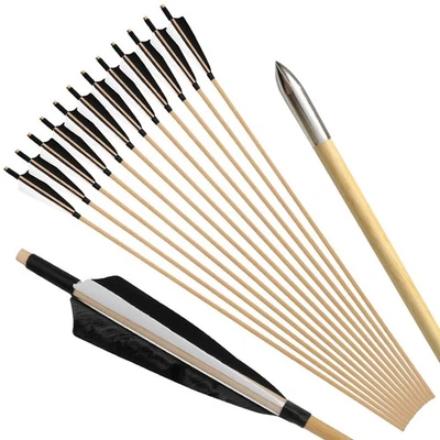 12X 32" Archery Wooden Arrows 5" Feather Field Tips Traditional Bow Longbow Hunt - Image 1 of 4
