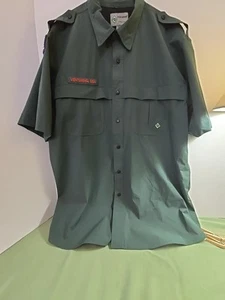2013 BSA Green Venturing Boy Scouts Adult L Uniform Shirt Vented Snap US Flag - Picture 1 of 14