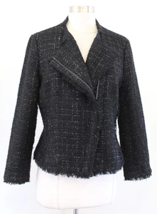 Ann Taylor Black Shimmer Metallic Tweed Fringe Moto Style Blazer Jacket 8 Wool - Picture 1 of 8