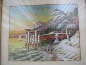 Vintage, Framed Silk Needlework of a Pagoda and Sailboats - Picture 1 of 5
