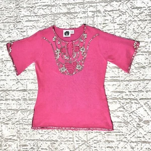 Hot Pink Puka Shell Sequin Short Sleeve Sweater STORYBOOK KNITS Beach Bling / L - Picture 1 of 12