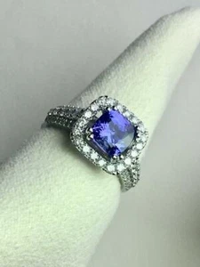 Cushion Shape Genuine 1.78CT Tanzanite Set With 0.98CT Brilliant CZ Pretty Ring - Picture 1 of 9