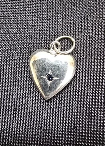 Vintage 40's Era Sterling Silver Puffy Heart W/ Blue Center Stone Charm Pendant - Picture 1 of 4