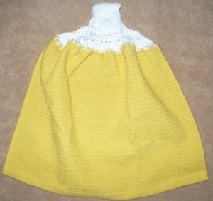 1 Crochet Top Hanging Kitchen Towel Solid Yellow, Single white yarn - Picture 1 of 1