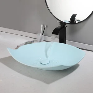 Unico mobile bagno a forma di foglia lavabo blu lavabo miscelatore rubinetto di scarico nero - Foto 1 di 8