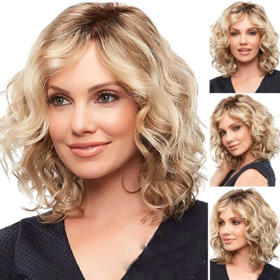 Women Natural Golden Light Blonde Curly Wave Full Wig Ombre Short Hair Cosplay!