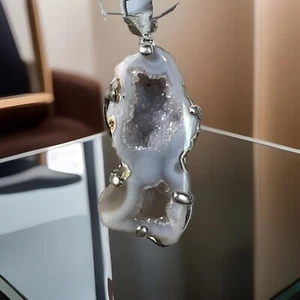 Agate Geode Slice 925 Silver Plated Gemstone Pendant 2.5" Amazing Gift - Picture 1 of 13