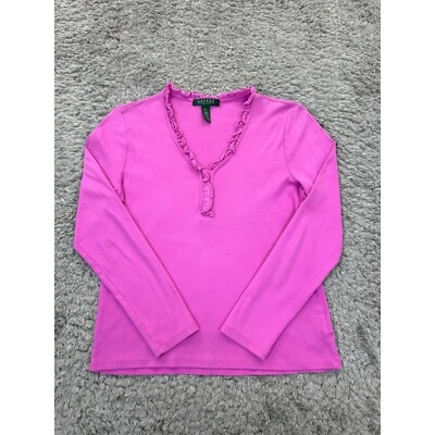 Ralph Lauren Sweater Womans Large Petite Pink Pima Cotton Ruffle Collar Henley - Image 1 of 4