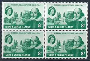 TURKS & CAICOS IS. 1964 400th SHAKESPEARE BIRTH ANNIVERSARY SG257 BLOCK OF 4 MNH - Picture 1 of 1