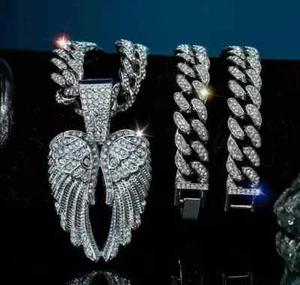 Angel Wings Wing Pendant & 20" Iced Cubic Zirconia Cuban Chain Hip Hop Necklace - Picture 1 of 8
