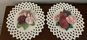 Ceramic Plates Pink Red Roses Decorative Set Of 2 Centerpiece Or Hanging - Picture 1 of 12