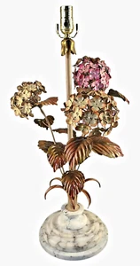 Vintage Hollywood Regency Italian Tole Marble Base Floral Hydrangea Table Lamp - Picture 1 of 16