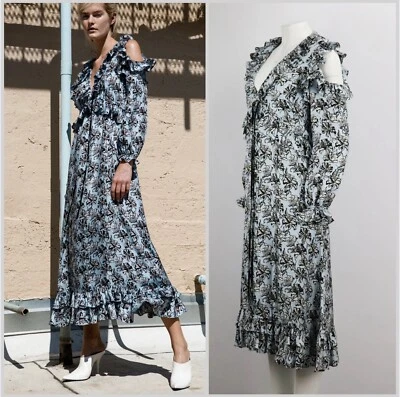 ROBERT RODRIGUEZ Cold Shoulder Ruffles Floral Silk Midi Dress Size 8 - Image 1 of 4