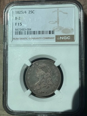 1825/4.  B-2 , Capped Bust Quarter ,  NGC-F-15,  better date & grade - Image 1 of 4