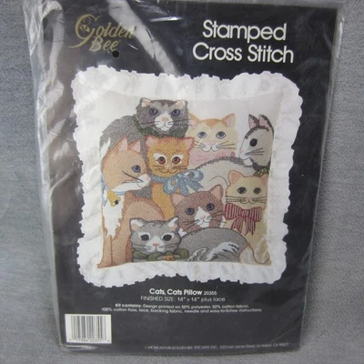 Golden Bee Stamped Cross Stitch CATS PILLOW - Image 1 of 4
