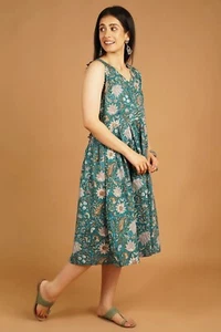 Indophilia Bagru Blue Midi Cotton Dress NEW 18/XL - Picture 1 of 7