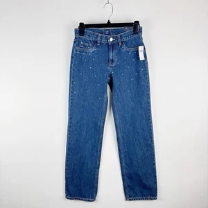 NWT Gap Straigh Leg Mid Rise Jeans Girls 14 Shiny Rhinestones Washwell Denim NEW - Picture 1 of 18