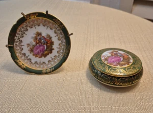 Vintage La Reine Limoges Green Gold Courting Couple Plate and Trinket Dish Set - Picture 1 of 13