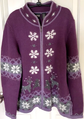 Cardigã Gander Mt Guide Series com zíper frontal veado floco de neve roxo cinza tamanho M - Imagem 1 de 4