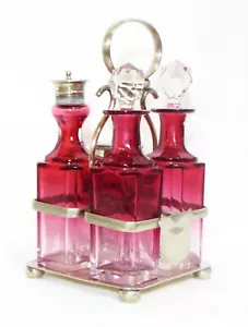 Antique England Cranberry Glass Silver Plated Cruet Set by D&H - Picture 1 of 20