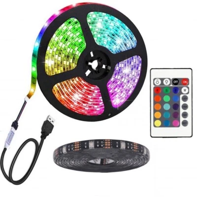 LED Strip Lights 5050 RGB Light Colour Changing Tape Cabinet TV USB Remote Xmas - Image 1 of 4