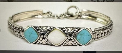Sterling Silver Turquoise Mother Of Pearl Multi Gemstone Toggle Bracelet 8” 21g Foto 1 de 4