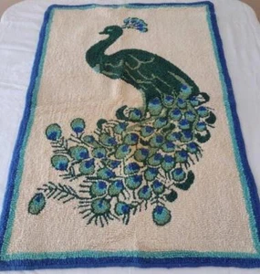 Rare Vintage Aunt Lydia Peacock Rug Completed Punch Needle Work 2x3 Wall Hanging - Picture 1 of 4