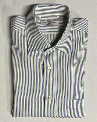 LUCIANO BARBERA 15.5x35 ALL COTTON ITALIAN MADE BLUE GREEN STRIPED DRESS SHIRT - Image 1 of 4