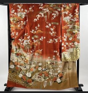 japanese kimono long-sleeved kimono gold flower pattern RED #95
