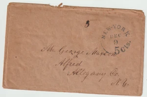 New York Dec.9 Stampless 5cts + 5ct pen Ship Cover to George Mason Allegany Co. - Picture 1 of 2