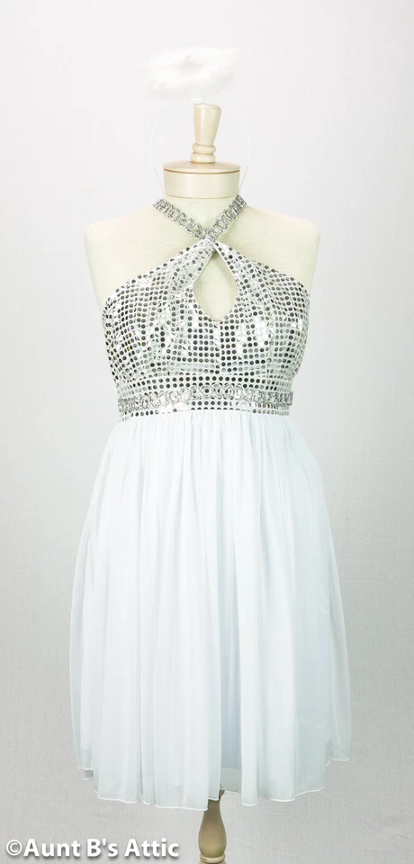 Sexy Disfraz de Ángel Angelicious 2 Piezas Plateado y Blanco Vestido Halter y Halo Lg Foto 1 de 2