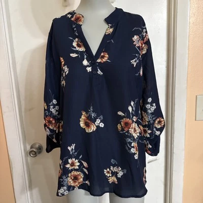 DAVINA 深蓝色透明花卉束腰上衣 3/4 袖 V 领女式衬衫中号 — 第 1/4 张图片