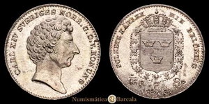 Suecia - Carlos XIV 1/16 Riksdaler (2,04 grammi) 1835 Estocolmo Ahlström 95 U - Foto 1 di 3
